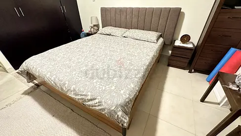 Queen bed frame with upholstered headboard and mattress - good condition. 160cm x 200cm