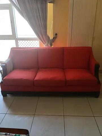 3-Seater Red Fabric Sofa with Wooden Frame