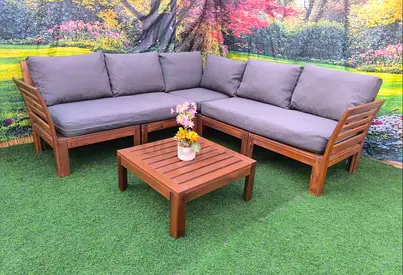 Wooden Outdoor Corner Sofa Set with Coffee Table and Grey Cushions