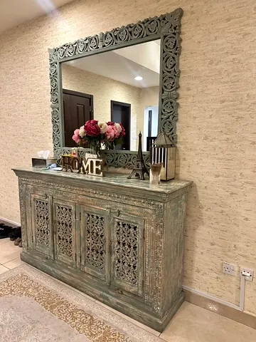 Antique-Style Carved Wooden Console Cabinet with Large Matching Mirror