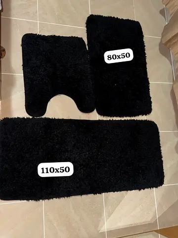 Set of 3 Black Shaggy Bathroom Rugs (110x50, 80x50 + U-shape)