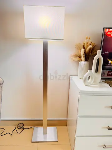 Ikea Modern Brushed Metal Floor Lamp with Square Fabric Shade