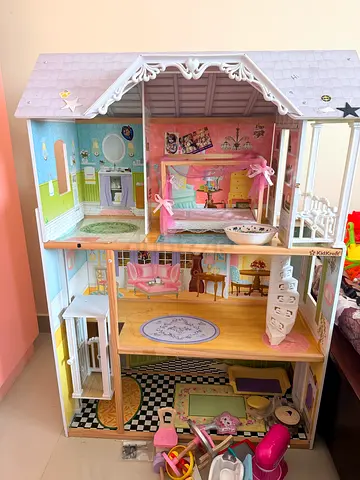 Large Wooden Dollhouse with Furniture - Pink/White, Ready to Play