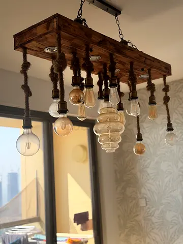 Rustic Wooden Rope Chandelier with Vintage Bulbs