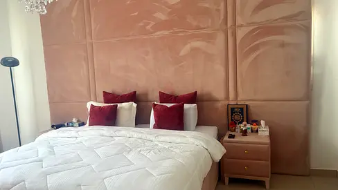 King bed with padded suede headboard and bedside tables and bench chair- good condition