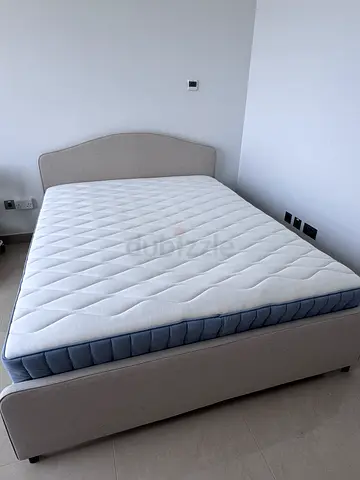 Queen fabric bed frame with mattress - good condition