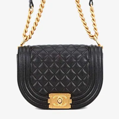 Chanel Boy Curved Small Black Quilted Caviar Leather Messenger Bag