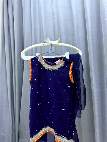 Navy Blue Embellished kids Kurta - Beaded Neckline, Small Scattered Stones
