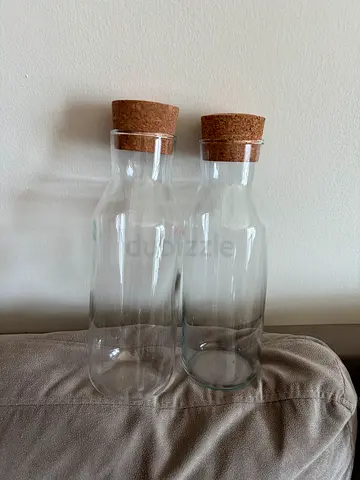 Pair of Clear Glass Water Bottlee with Cork Lids (Set of 2)