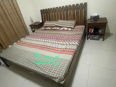 Wooden Double Bed with High Slatted Headboard and Matching Side Tables with mattress