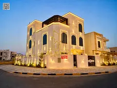 Luxury villa for sale in Al Amrah, 7 master bedrooms, two facades of premium stone, 4,449 sq ft, inc