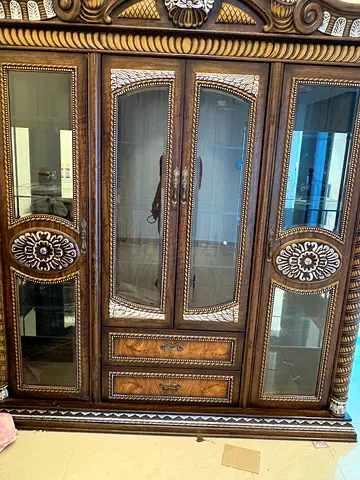 Classic Ornate Wooden Display Cabinet with Glass Doors