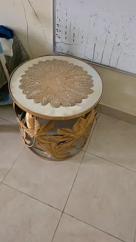 Decorative Round Accent Side Table with Gold Leaf Design