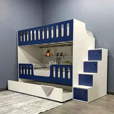 White Navy Wooden Bunk Bed with Storage Stairs and Trundle