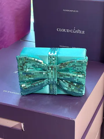 Teal Satin Clutch with Sequin Bow