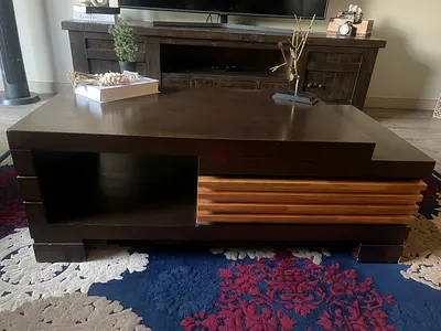 Solid wood dark brown coffee table with storage and sliding drawer