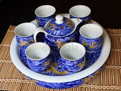 Chinese Ceramic Tea Set with Teapot, Warmer 6 Cups