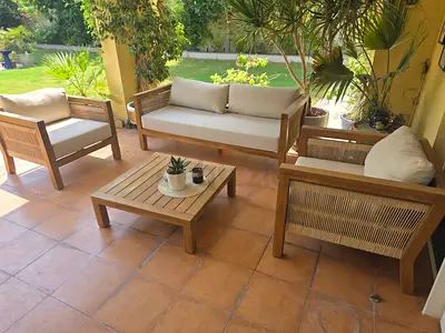 Solid Teak Outdoor Sofa Set with Cushions - 3 Seater + 2 Armchairs + Coffee Table