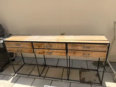 Rustic wooden console table with 6 drawers and metal frame