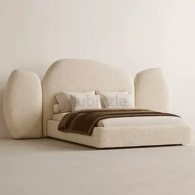 Cream Bouclé Upholstered Platform Bed with Padded Headboard