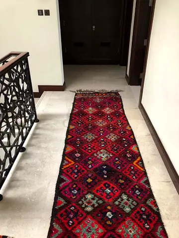 Handwoven Narrow Runner Rug - Vibrant Red Geometric Design