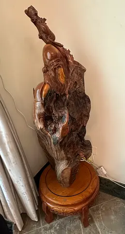 155cm Tall Large Hand-Carved Chinese Longevity $% (Shou) Root Wood Sculpture on Stand