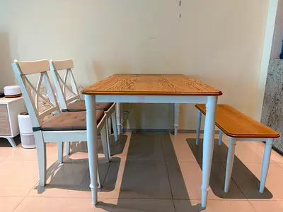 Wooden dining table set with bench and 2 chairs - light oak top, white legs