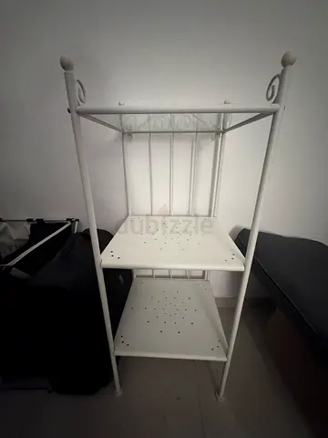 White metal narrow shelving rack - 2 shelves, decorative ends