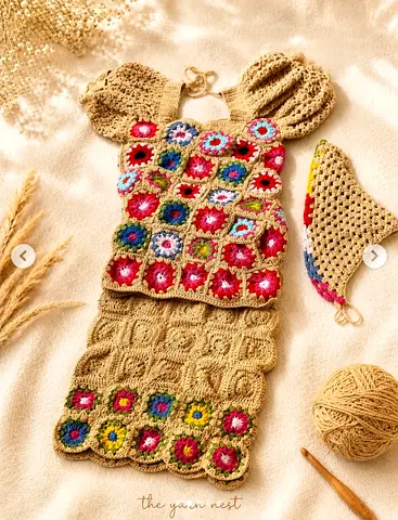 Handmade Crochet Two-Piece Dress and Bonnet set - 6/7 Yr old