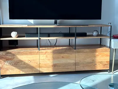 Solid wood and metal TV console with storage - used, good condition