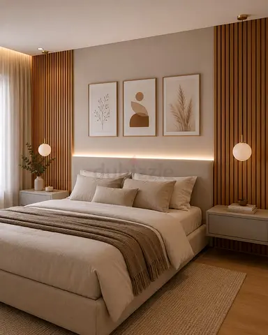 Modern neutral upholstered double bed with bedside units
