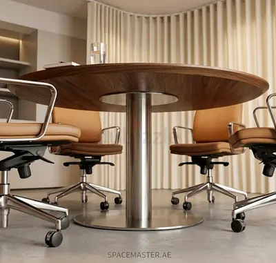 Round Wooden Conference Table with Metal Pedestal Base