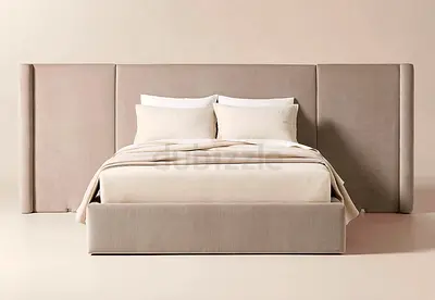 Beige Upholstered King Bed with Extended Padded Headboard