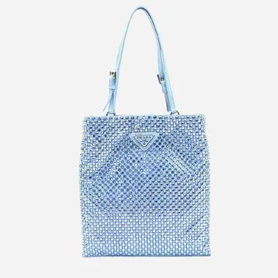 Prada Chain Flat Mini Celeste Blue Satin Crystal Tote Bag