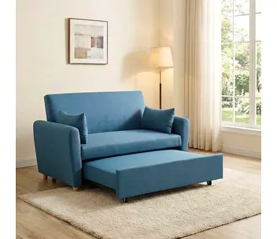 Compact 2-Seater Sofa Bed with Pull-Out Ottoman - Blue