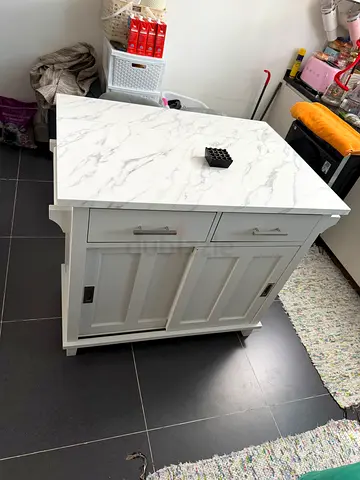 Crate  Barrel Kitchen Island with Marble Top + 2 Bar Stools