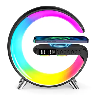 Multifunctional RGB LED Desk Lamp Speaker with Wireless Charger  Digital Clock | Free Delivery |COD