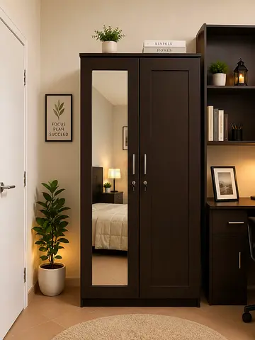 Modern Dark Wood Wardrobe with Mirror and Lockable Doors