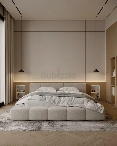 Modern Grey Upholstered Bed Frame with Headboard - Queen