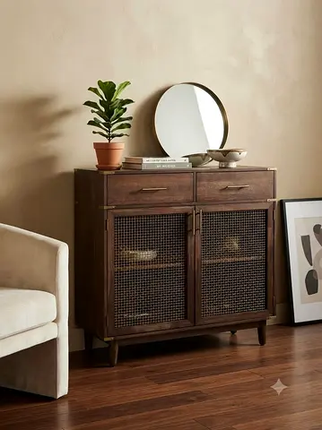 Wooden Sideboard Cabinet with Mesh Doors - Dark Brown, 2 Drawers