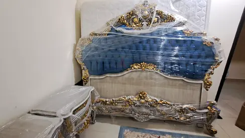 Ornate Baroque King Size Bed with Matching Nightstand - Light Blue  Gold