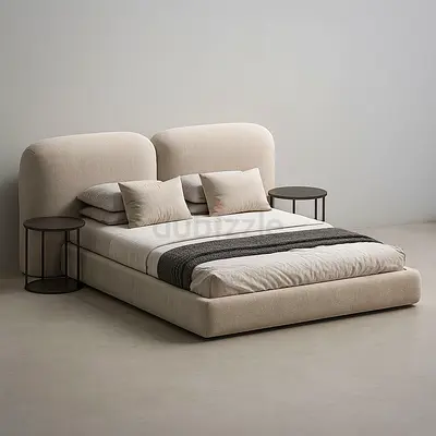 Minimalist Low-Profile Upholstered Double Bed with Padded Headboard (Beige)