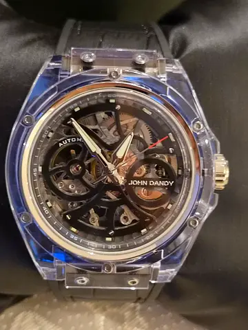John Dandy Skeleton automatic mens watch with transparent case and black strap
