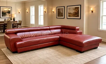 Red leather L-shaped sectional sofa — roomy 3-seater with chaise