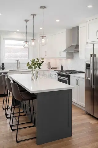 Modern Kitchen Island with White Countertop and Gray Base