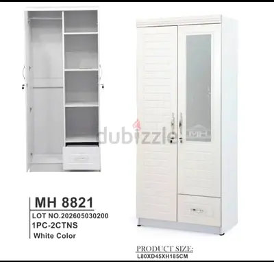 White 2-Door Wardrobe with Mirror and Drawer (L80 x D45 x H185 cm)