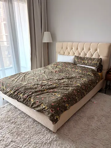 Beige Upholstered Queen Bed Frame with Tufted Headboard