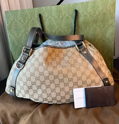 Authentic Gucci Monogram Abbey Canvas Shoulder Bag - Beige/Brown with dust bag and cards..