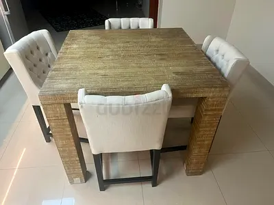 Square Wooden Dining Table with 4 Tufted Chairs