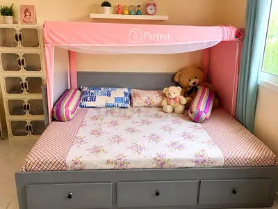 IKEA HEMNES For URGENT SALE !!! Kids bed with storage drawers and pink canopy - good condition
